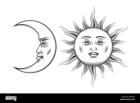 Hand Drawn Sun And Moon With Human Cartoon Faces In Engraving Style