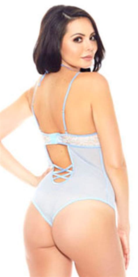 Light Blue Floral Applique Mesh Teddy With Choker Women S Lingerie