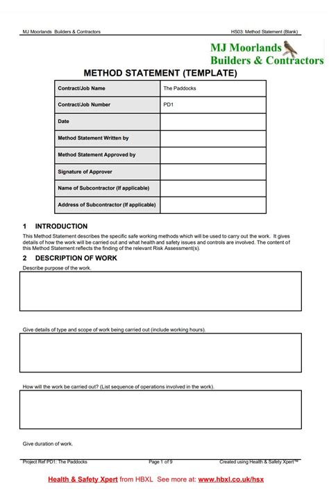 Method Statement Template Free Word And Excel Templates