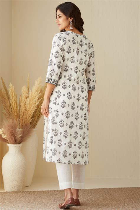 Buy White Hand Printed Straight Cotton Slub Kurta For Women Fgmk