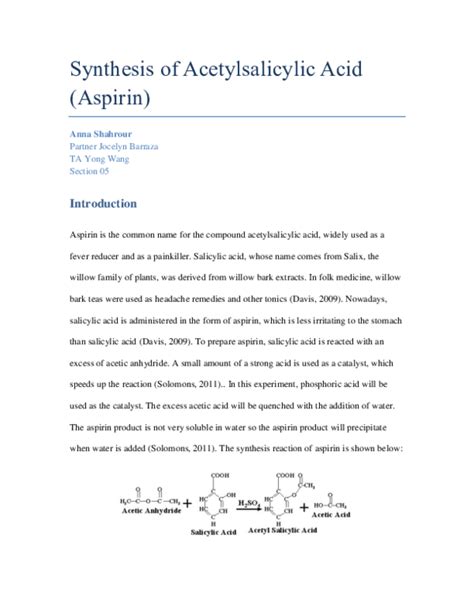 (DOC) Synthesis of Acetylsalicylic Acid (Aspirin)