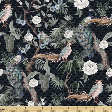 Ambesonne Asian Fabric By The Yard Tropical Peacock Birds Leaves