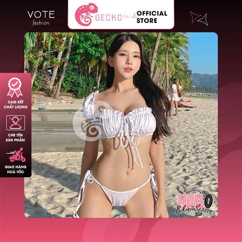 HCM Bikini GECKO 2 Mảnh Tay Phồng Phối Quần Chip Và Quần Váy Che Bụng