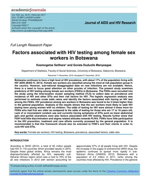 Pdf Journal Of Aids And Hiv Research Factors Associated With Hiv Testing Among Female Sex