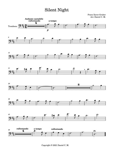 Silent Night For Trombone And Piano Easy Arr Daniel C M By Franz