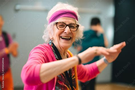 Old Woman Dancing In Ballroom Happy Laughing And Wearing A Ribbon In