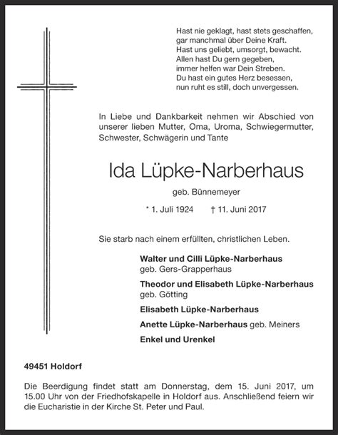 Traueranzeigen Von Ida L Pke Narberhaus Om Trauer De