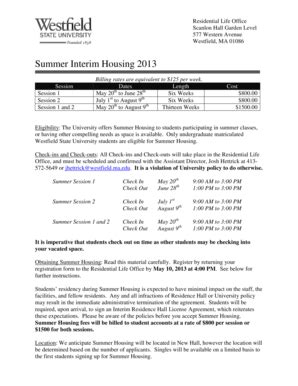 Fillable Online Westfield Ma Summer Interim Housing Westfield