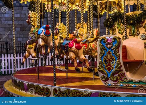 Close Up View Of Merry Go Round Carousel Illuminated At Night Stock