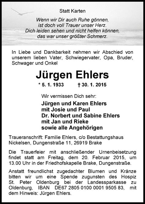 Traueranzeigen von Jürgen Ehlers nordwest trauer de