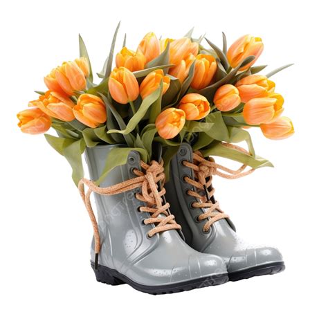 Bouquet Tulips In Rubber Boot And Flowers Spring Flower Tulips Png