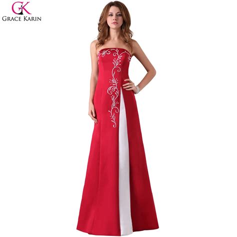 Grace Karin Embroidery Red Long Prom Dresses 2017 Satin Cheap Long