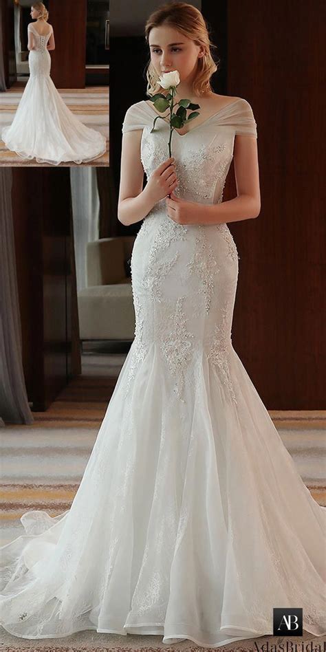 New Junoesque Tulle Lace V Neck Neckline Mermaid Wedding Dress With