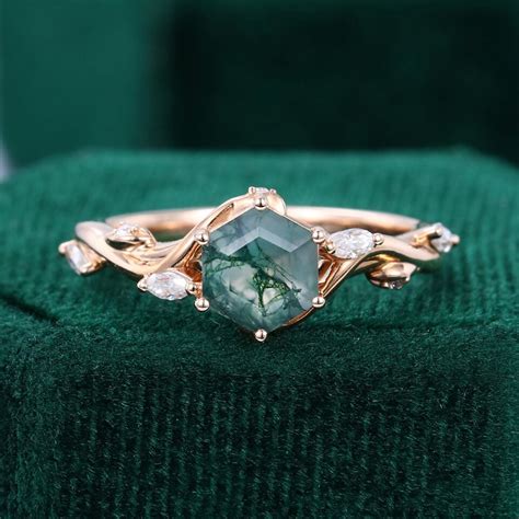 Hexagon Cut Moss Agate Nature Inspired Engagement Ring Mollyjewelryus