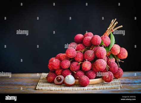 Lychees On Table And Black Background Fresh Ripe Lychee Fruit Tropical