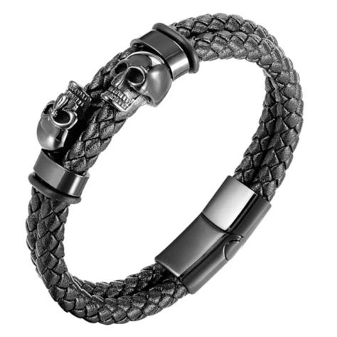 Bracelet Homme Cuir Double Cordon Tresse Noir Fermoir Tete De Mort