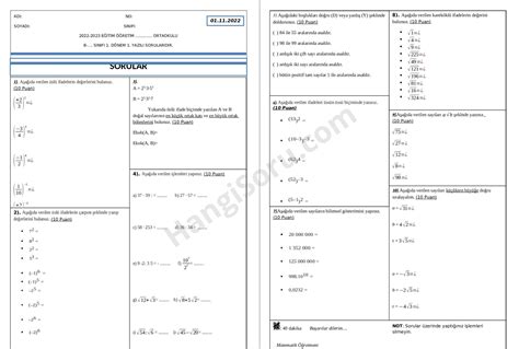 8 Sınıf Matematik 1 Dönem 1 Yazılı Yoklama İndir 2022 2023 Hangisoru