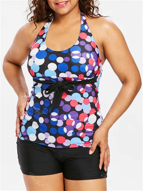 [30 Off] Plus Size Polka Dot Halter Tankini Set Rosegal