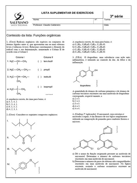Lista De Exercícios Funções Orgânicas Pdf - Funções Orgânicas em Compostos Químicos | PDF | Amina | Éster