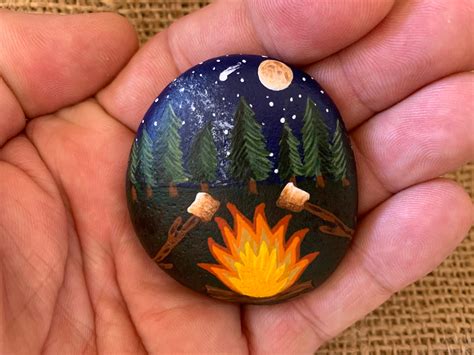 Camping Painted Rock Campfire Smores Painted Stones Hand Etsy