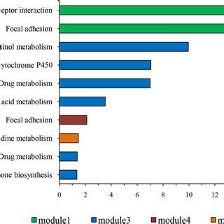 KEGG pathway of genes in five modules. KEGG pathway analysis of genes ...