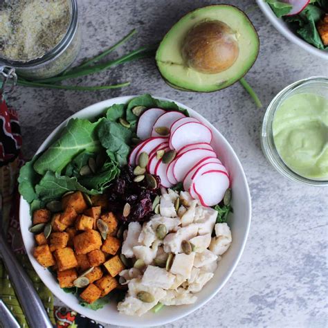 Easy Sweet Potato Nourish Bowl With Avocado Dressing Freckle Face Foodie