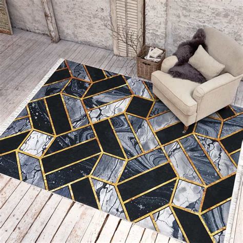 Dywan Antypo Lizgowy Nowoczesny Gold And Black Geometryczny Home