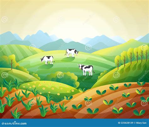 Farm Summer Wide Panorama Landscape Vector Illustration Cartoon