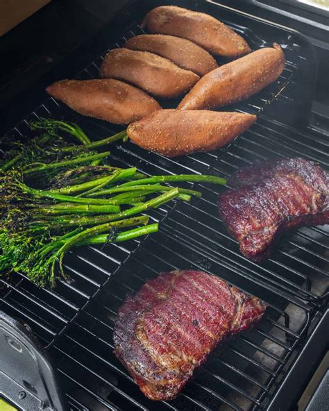 Traeger Reverse Seared Ribeye Steaks With Sweet Potatoes And Broccolini