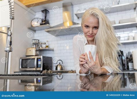 Gorgeous Blonde Model Poses In Lingerie In A Home Environment Stock Image Image Of Emotion