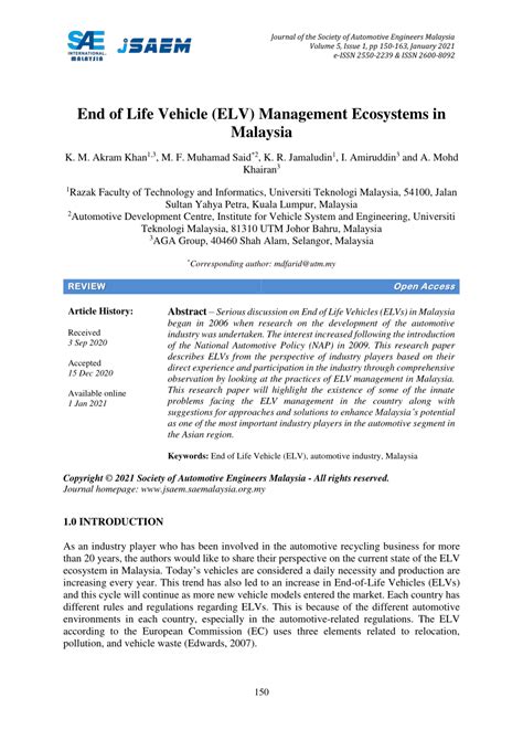 PDF End Of Life Vehicle ELV Management Ecosystems In Malaysia