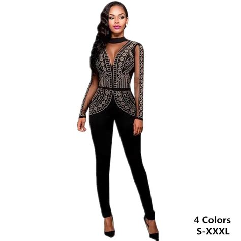 Long Sleeve Full Jumpsuit Sexy Mesh See Through Hollow Out Backless Hot