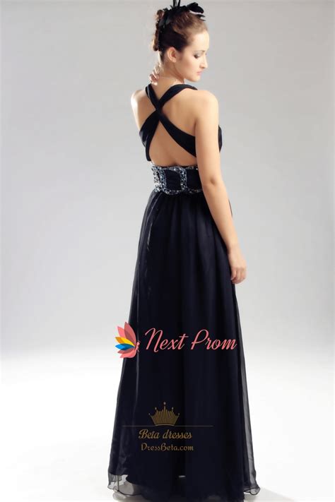 Criss Cross Back Prom Dresses Navy Blue Chiffon Prom Dress Long Beaded Chiffon Prom Dress