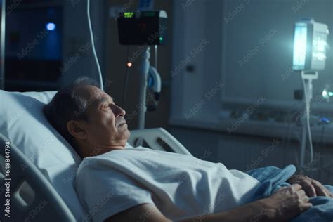 Senior Man Sleeping In A Hospital Bed Or Icu Due To An Emergency Cancer