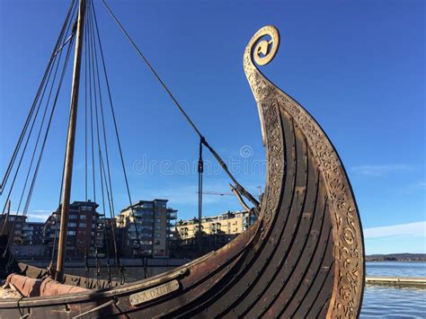 A Traditional Viking Ship Docked In Oslo Harbor Fjord Editorial Stock