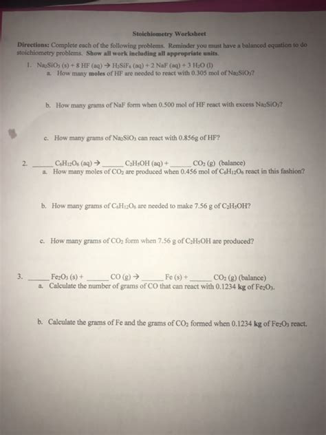 Solved Stoichiometry Worksheet Directions Complete Each Of Worksheets Library