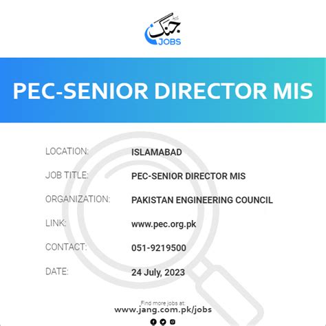 Pec Senior Director Mis Job Pakistan Engineering Council Jobs In