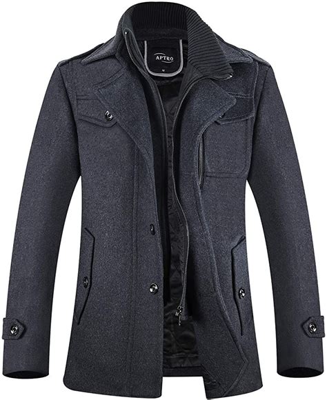 Aptro Mens Wool Pea Coat Single Breasted Jacket Winter Warm Coat