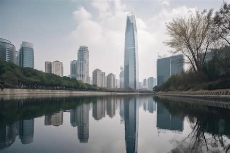 Vista escénica de rascacielos modernos con paisaje urbano y río en el