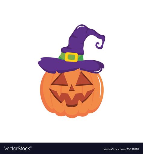 Halloween Pumpkin With Witch Hat Flat Style Vector Image