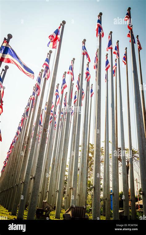 Beautiful View Of Thai National Flags On The Poles At The Queen Sirikit