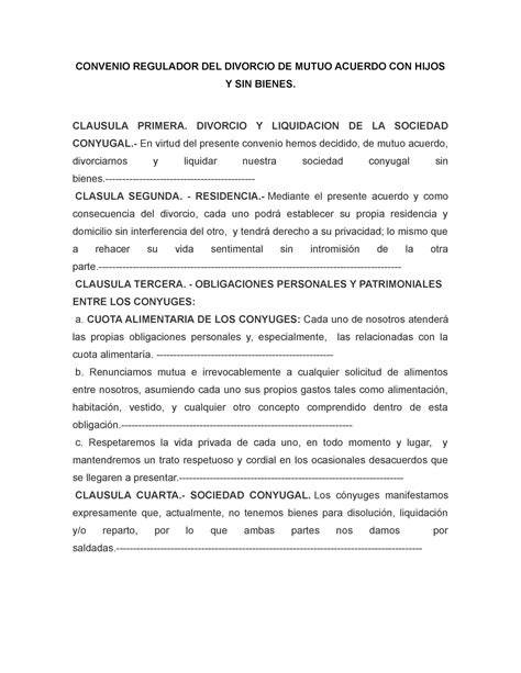 Convenio Regulador DEL Divorcio DE Mutuo Acuerdo CON Hijos Y SIN Bienes