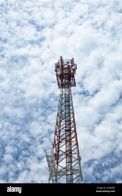 Wave Transmission Mast Large Phone Signal With A Bright Blue Sky Stock