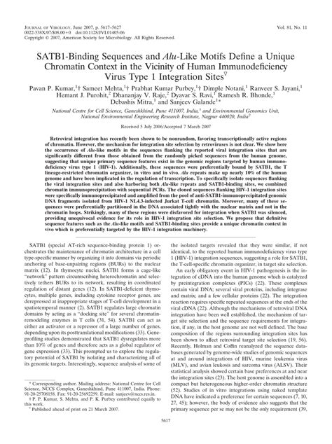 Pdf Satb Binding Sequences And Alu Like Motifs Define A Unique