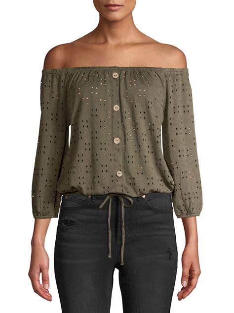 No Boundaries Juniors Off The Shoulder Tie Front Eyelet Top Walmart