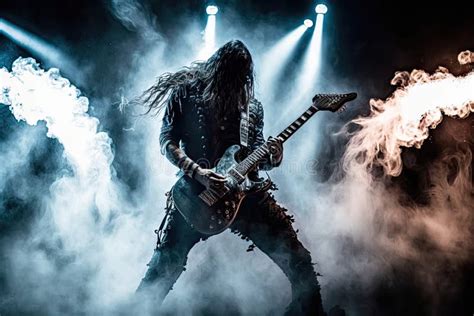 Heavy Metal Guitarist, Playing Powerful Solo in the Smoke-filled Club ...