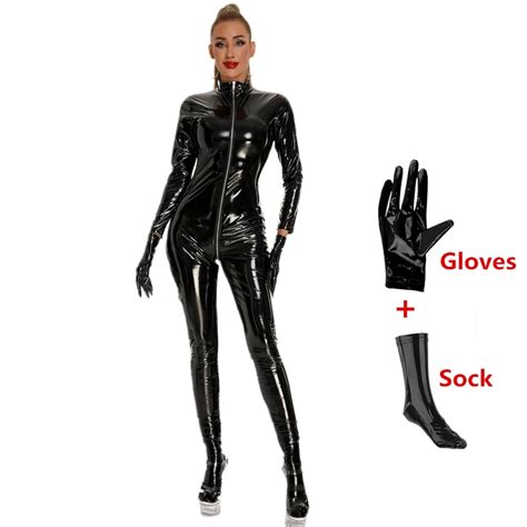 Stretch Sexy Women Faux Leather Jumpsuit Wet Look Latex Catsuit 3 Way Zipper Open Crotch