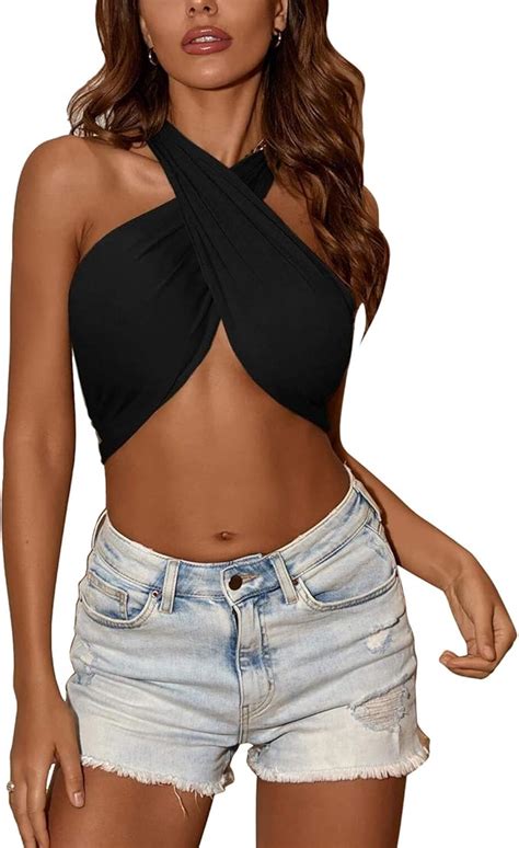 Women Sexy Sleeveless Crop Tops Criss Cross Halter Neck Solid Color