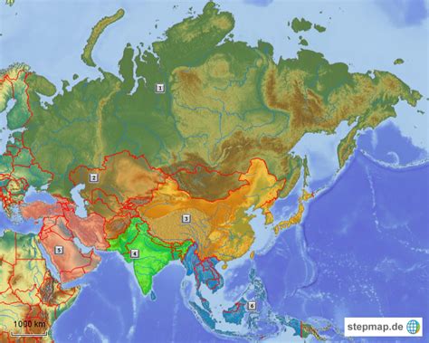 StepMap Asien Regionen nummeriert Landkarte für Asien