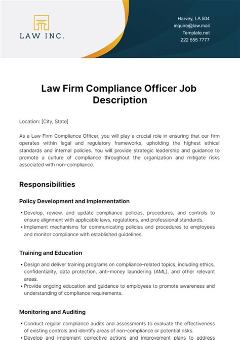 Free Law Firm Compliance Officer Job Description Template Edit Online And Download